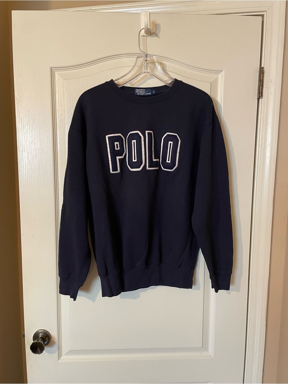 VTG  Polo Ralph Lauren Mens Size M Crewneck Sweatshirt Navy Blue POLO Spell Out - Picture 9 of 10